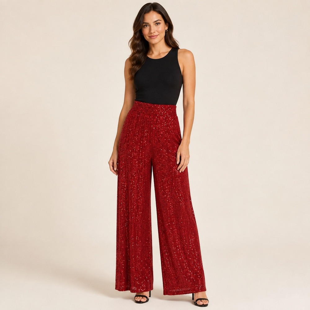 Why Dress Small Wide Leg Pants Red Sequin Game Day Holiday Party Glam Sparkle